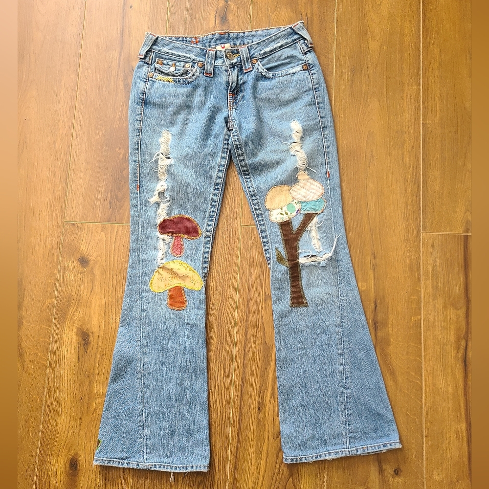 True religion mushroom patch multi patchwork y2k flared jeans
